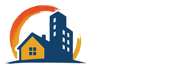 Logo for a real estate company: a yellow house beside a blue high-rise under an orange arc behind. (informative)